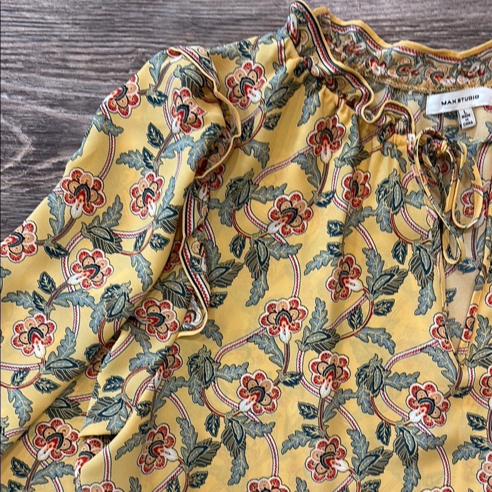 Max Studio Women's Size Large Floral Tiered Ruffle Hem Long Sleeve Dress Yellow - Picture 3 of 10